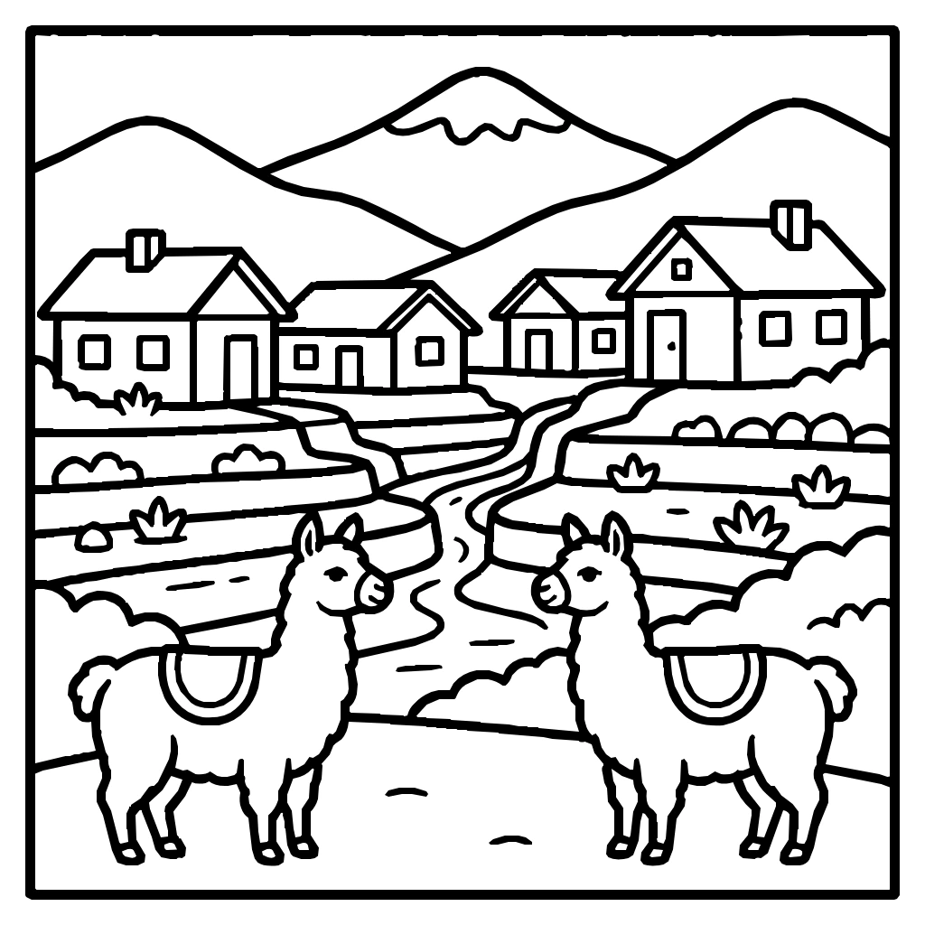 Mountain Village With Terraced Fields And Llamas Coloring Page