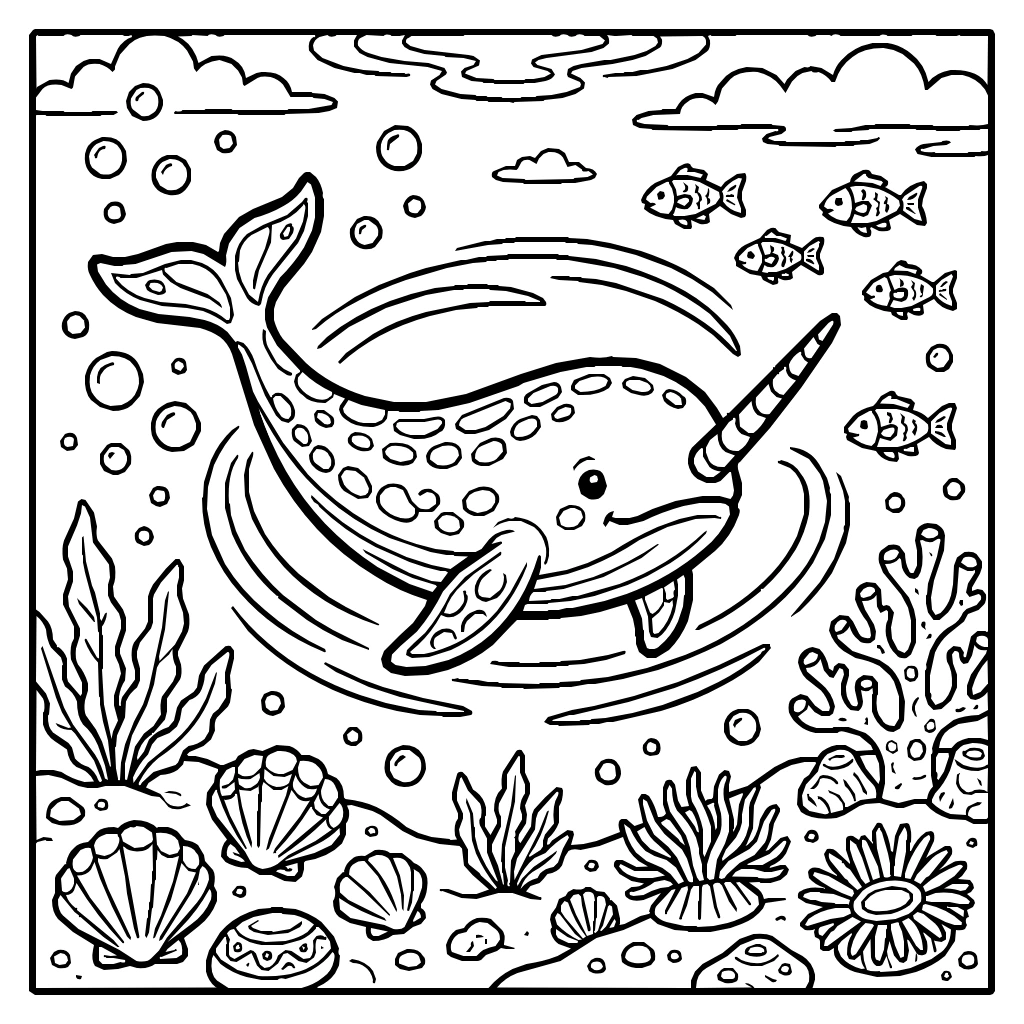 Narwhal Swimming Circles Sea Coloring Page