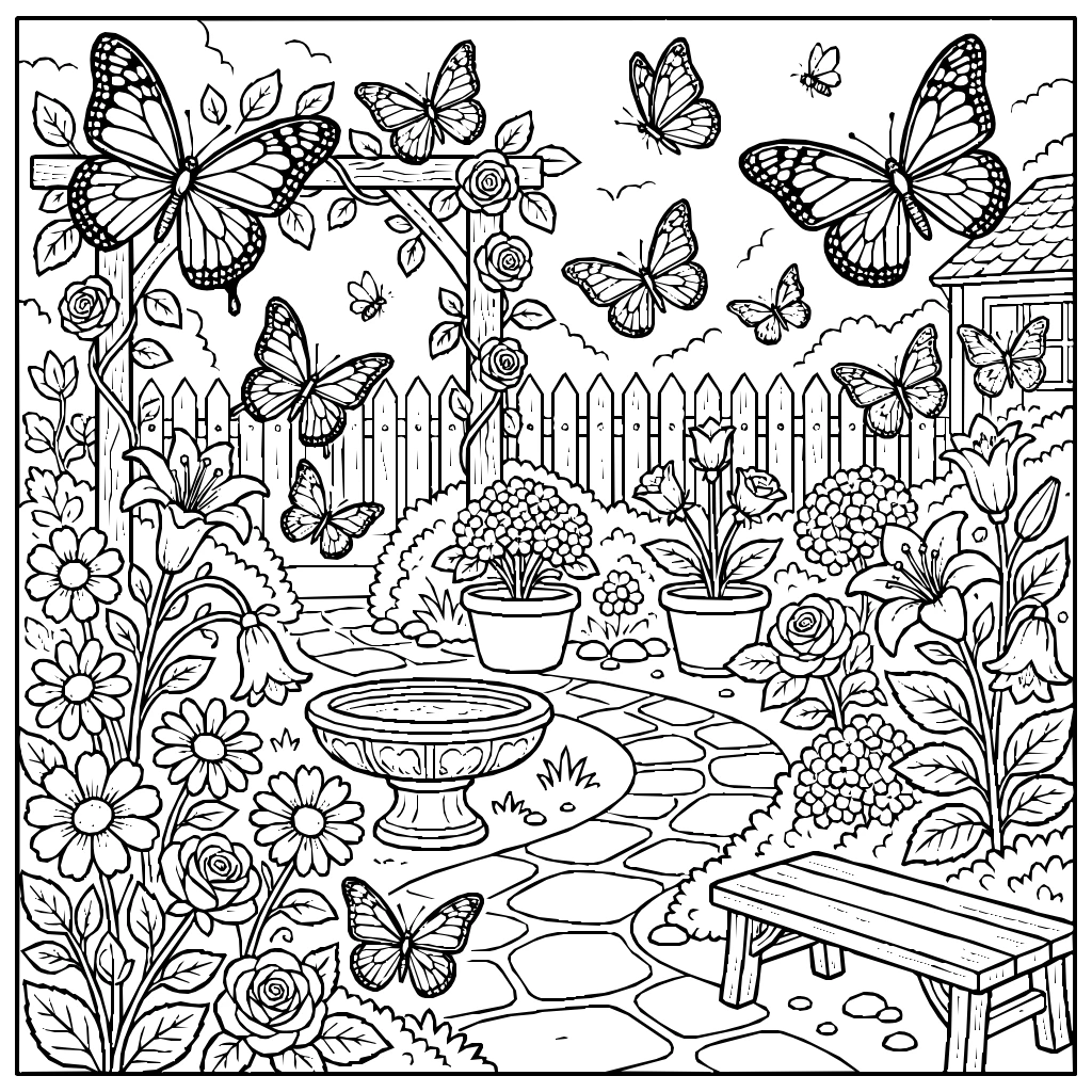 Nature Butterfly Garden Blooming Flowers Coloring Page