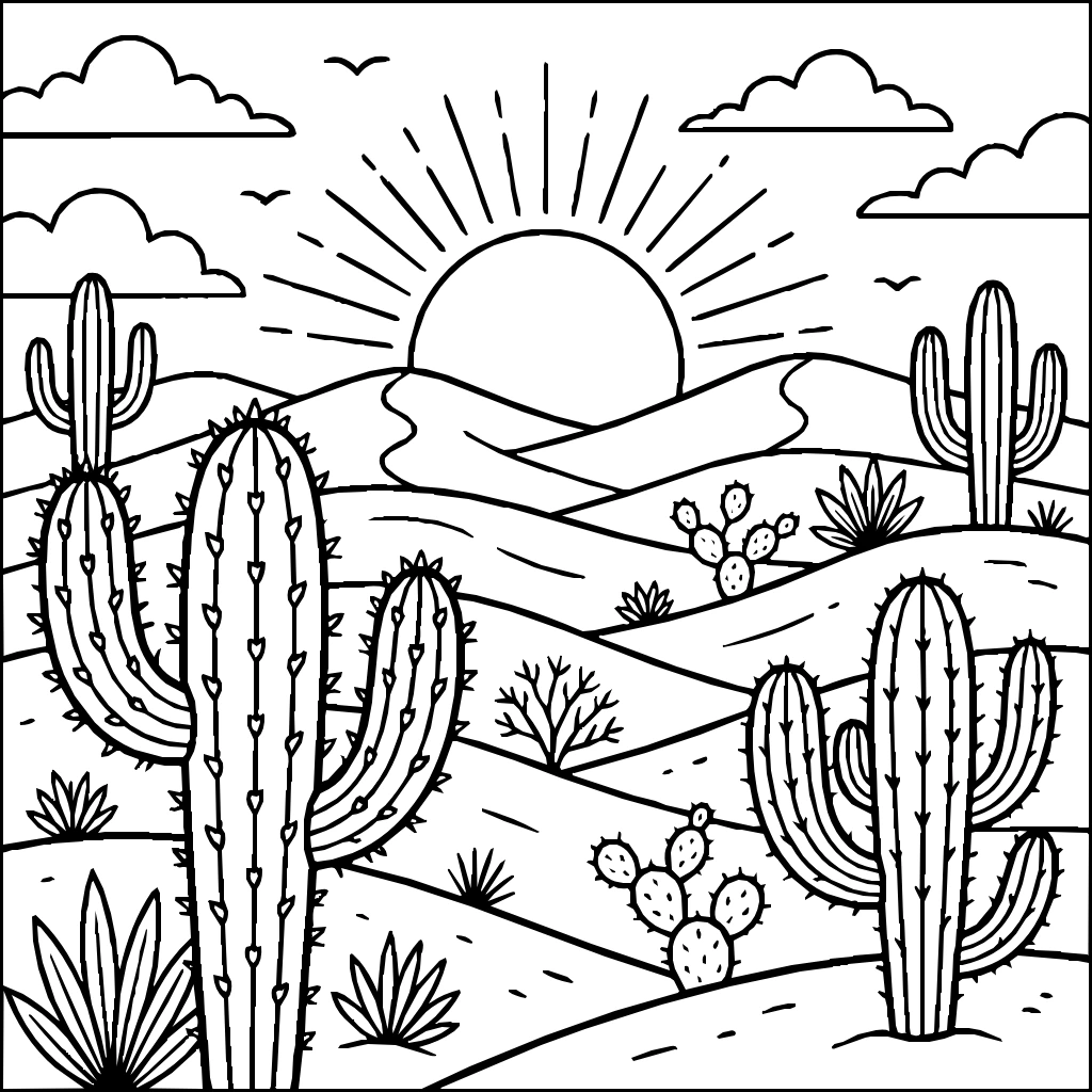 Nature Desert Dunes Cactus Setting Sun Coloring Page