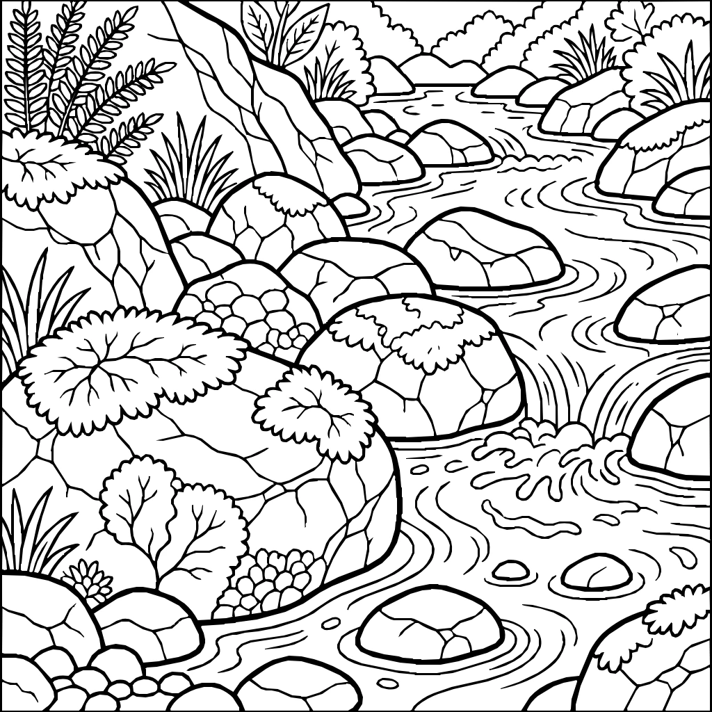 Nature Moss Covered Rocks Rushing Stream Coloring Page