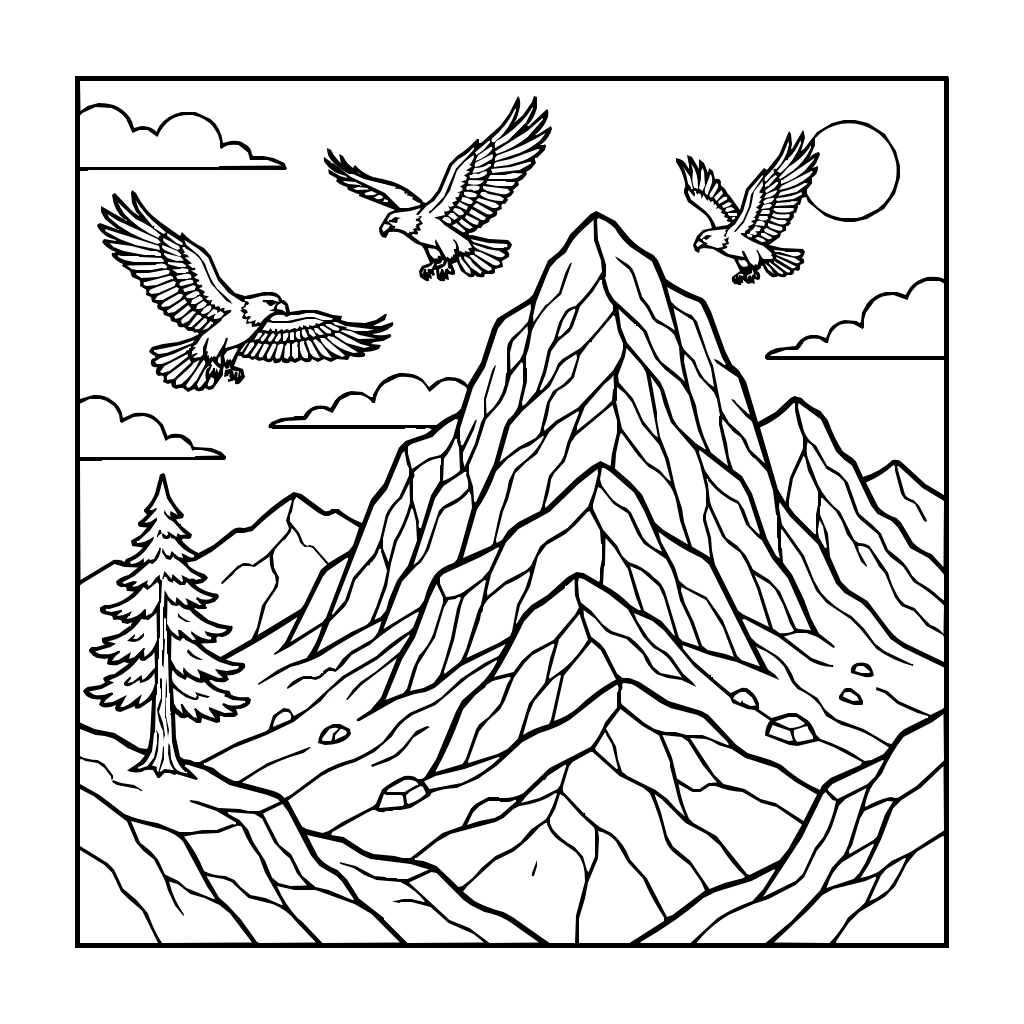 Nature Rocky Mountain Peak Soaring Eagles Coloring Page