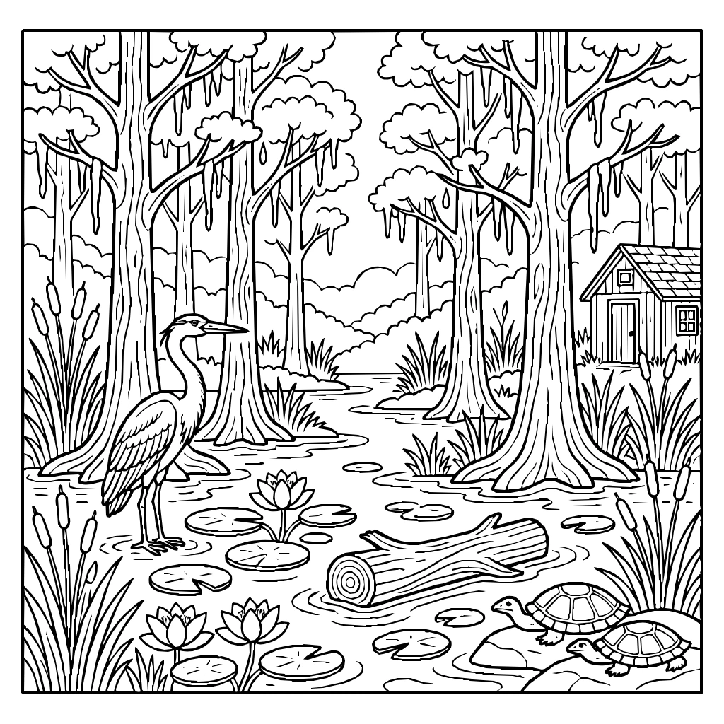 Nature Swamp Cypress Trees Fog Coloring Page