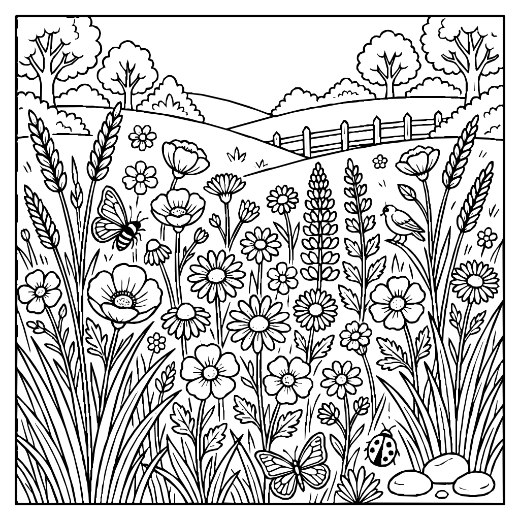 Nature Wildflower Meadow Gentle Breeze Coloring Page