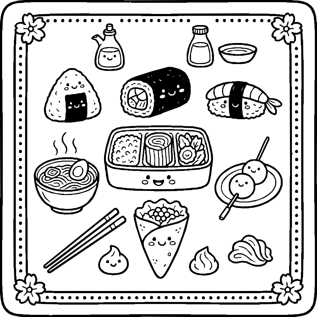 Noodles Gyoza Food Set Coloring Page