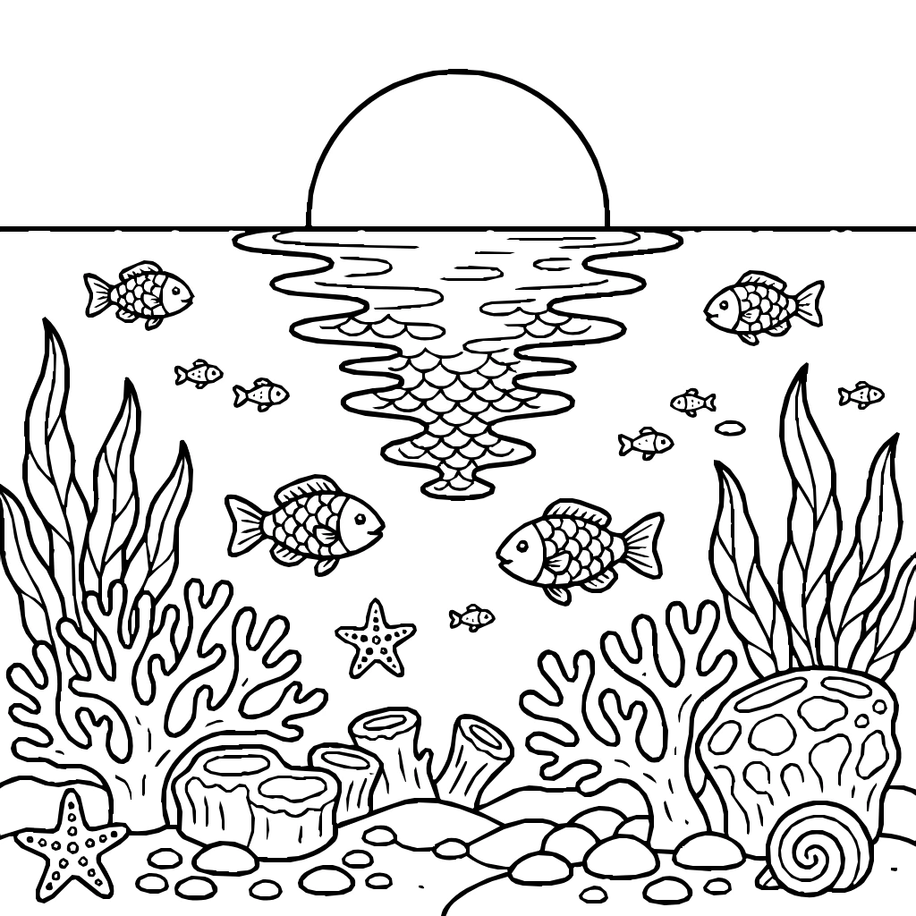 Ocean Sunset Reflection Coloring Page