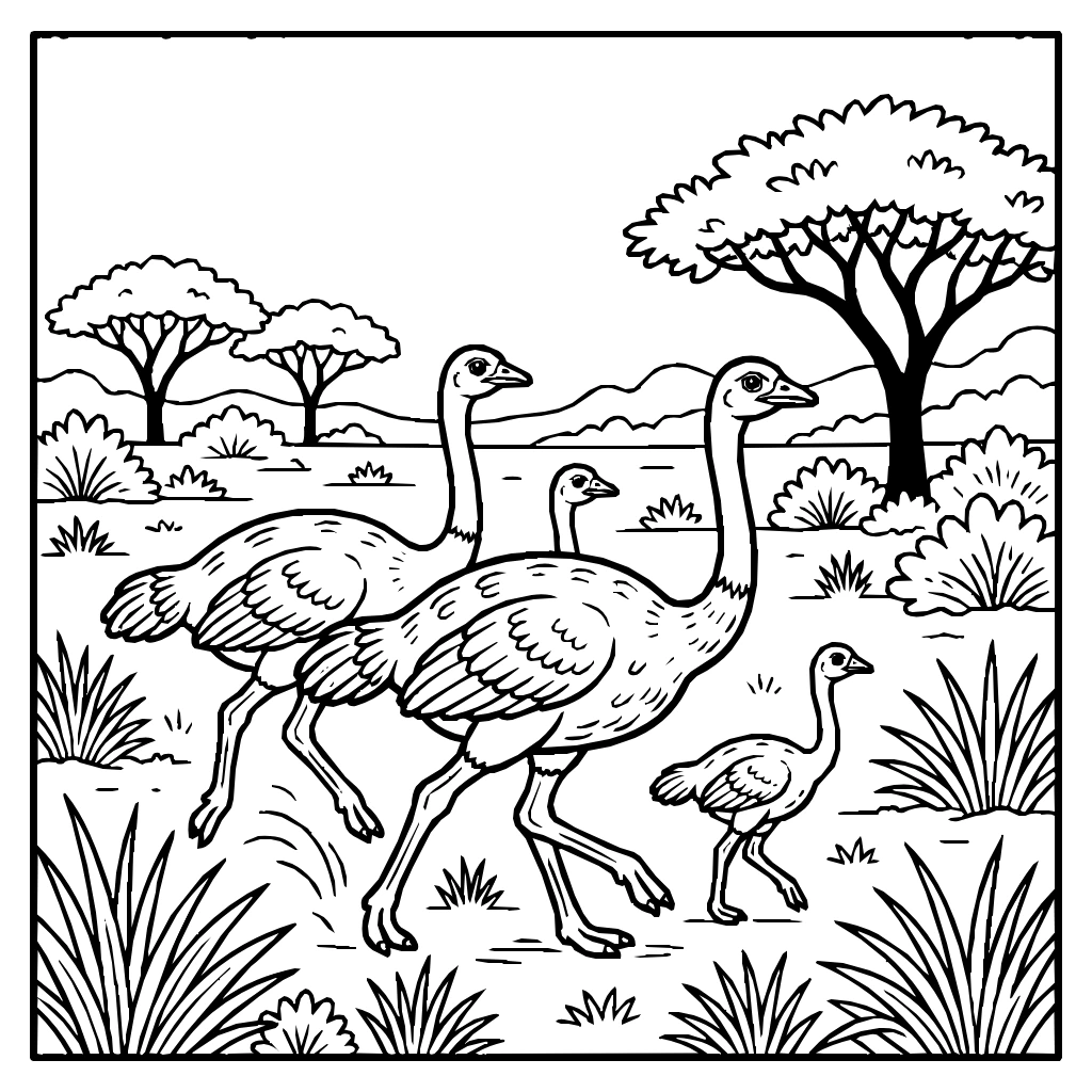 Ostriches Running In A Single Line Across Scrubland Coloring Page