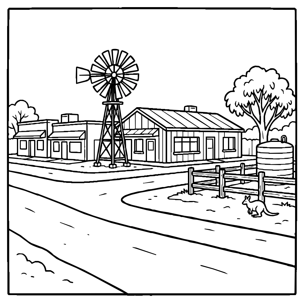 Outback Town With A Windmill And Roads Coloring Page
