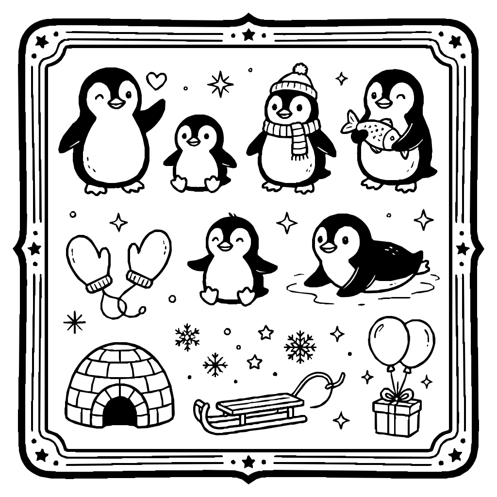 Penguins And Igloo Set Coloring Page
