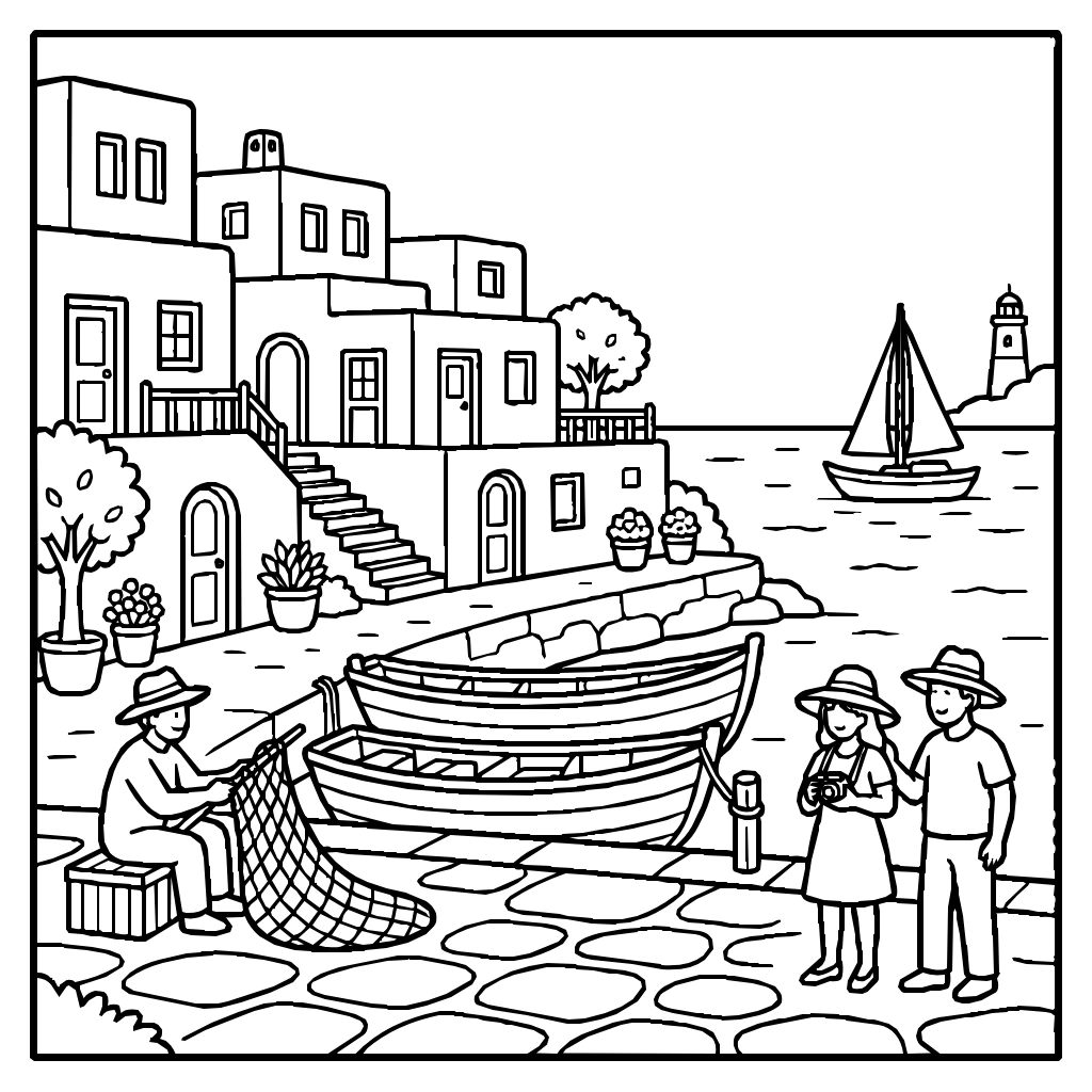 People And Boats In A Village Coloring Page
