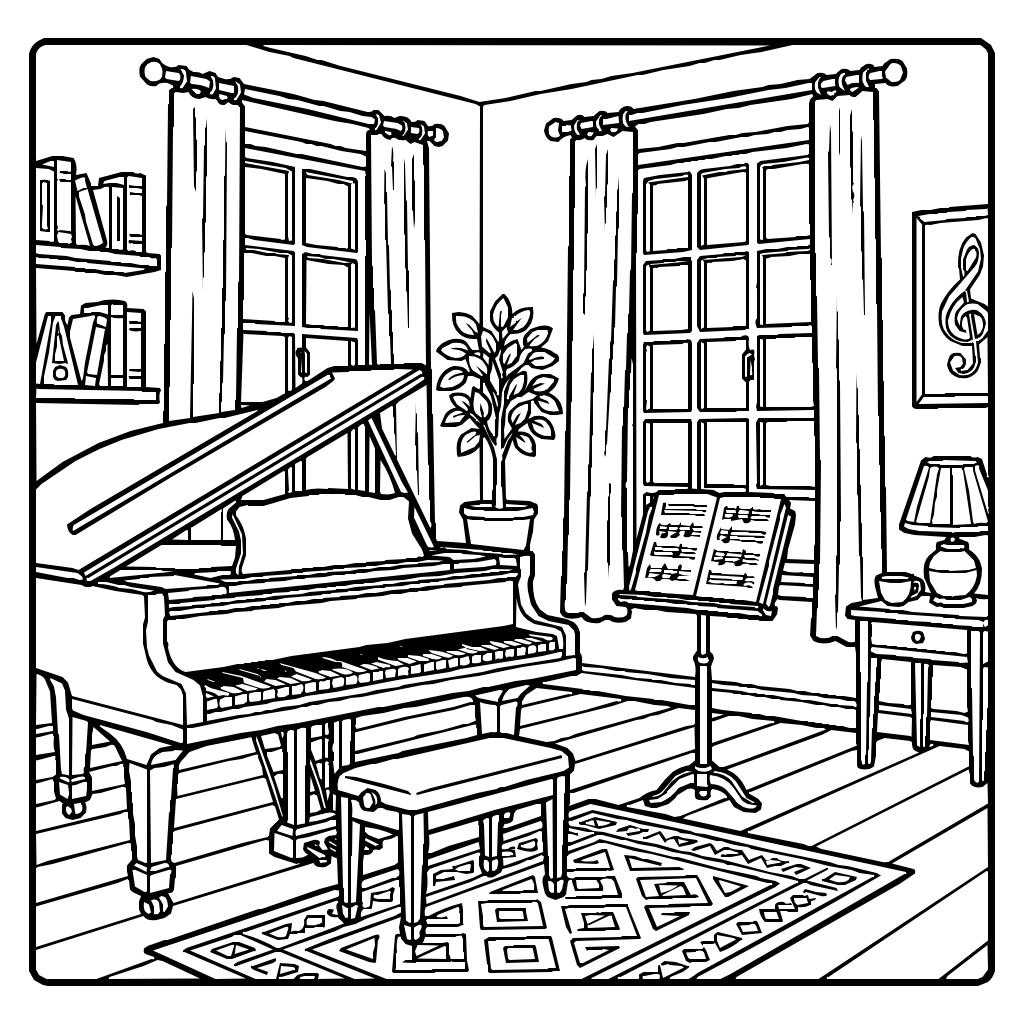 Piano Room With Windows Coloring Page