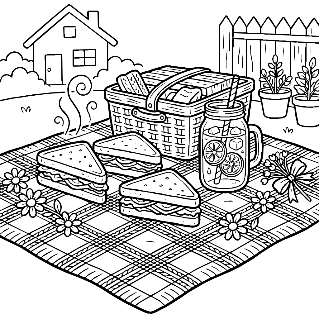 Picnic Blanket Spread With Sandwiches Lemonade And Daisies Coloring Page