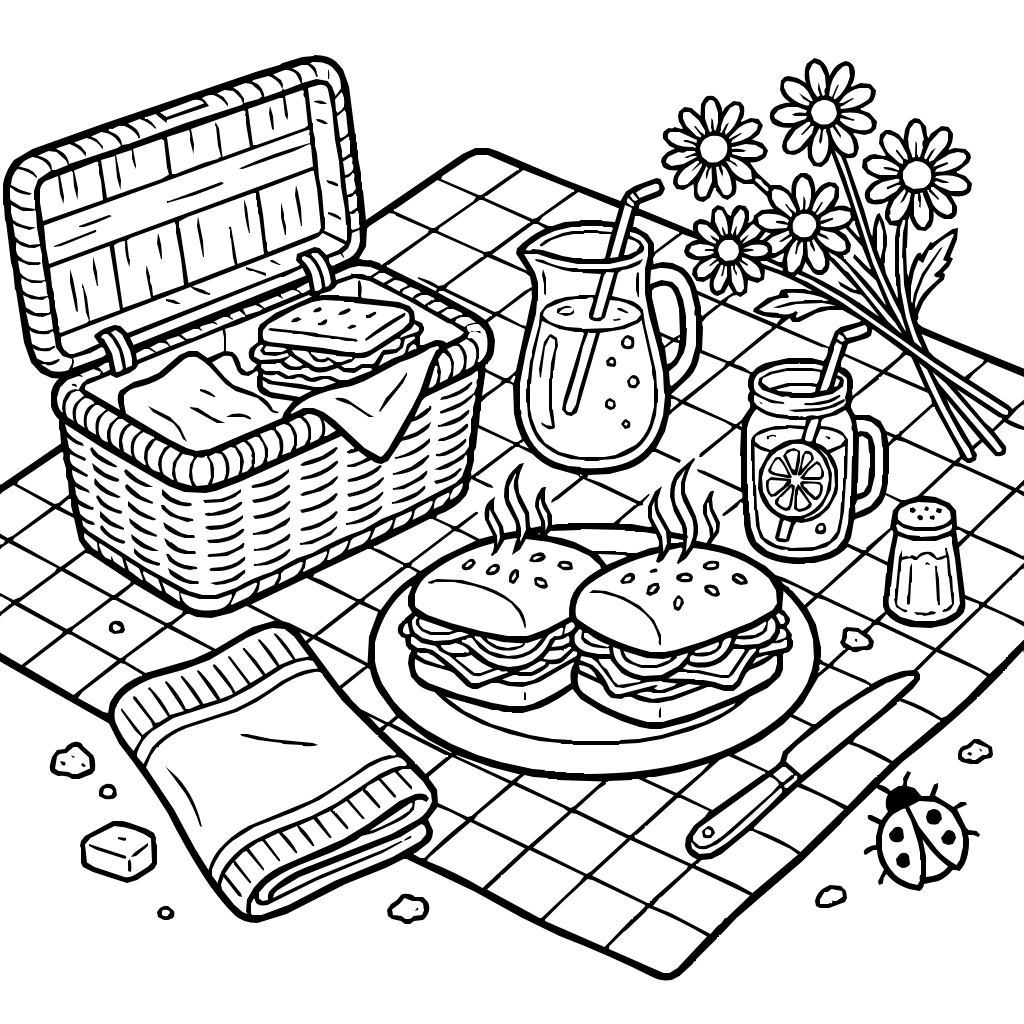 Picnic Blanket With Sandwiches And Lemonade Coloring Page
