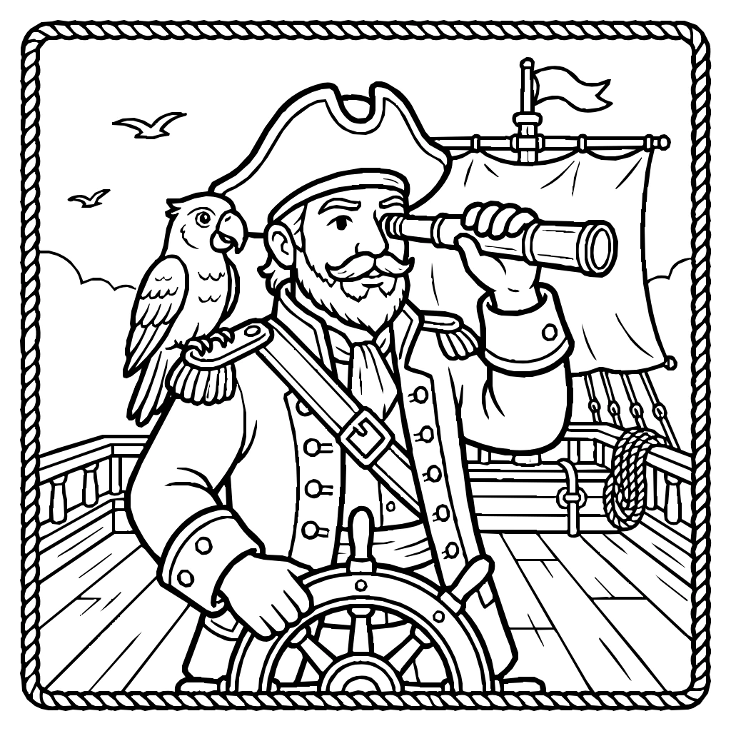 Pirate Captain At The Helm With Parrot And Spyglass Coloring Page
