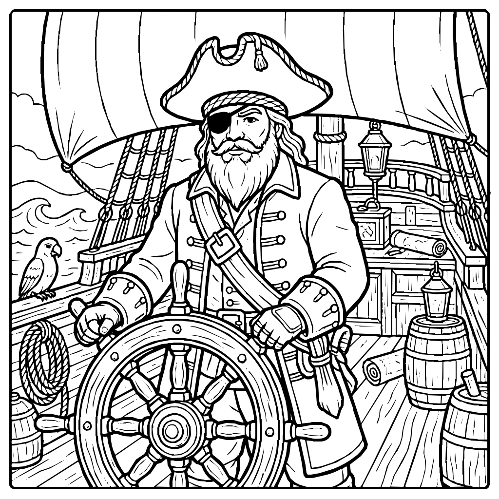 Pirate Captain On Ship Wheel Commanding Coloring Page