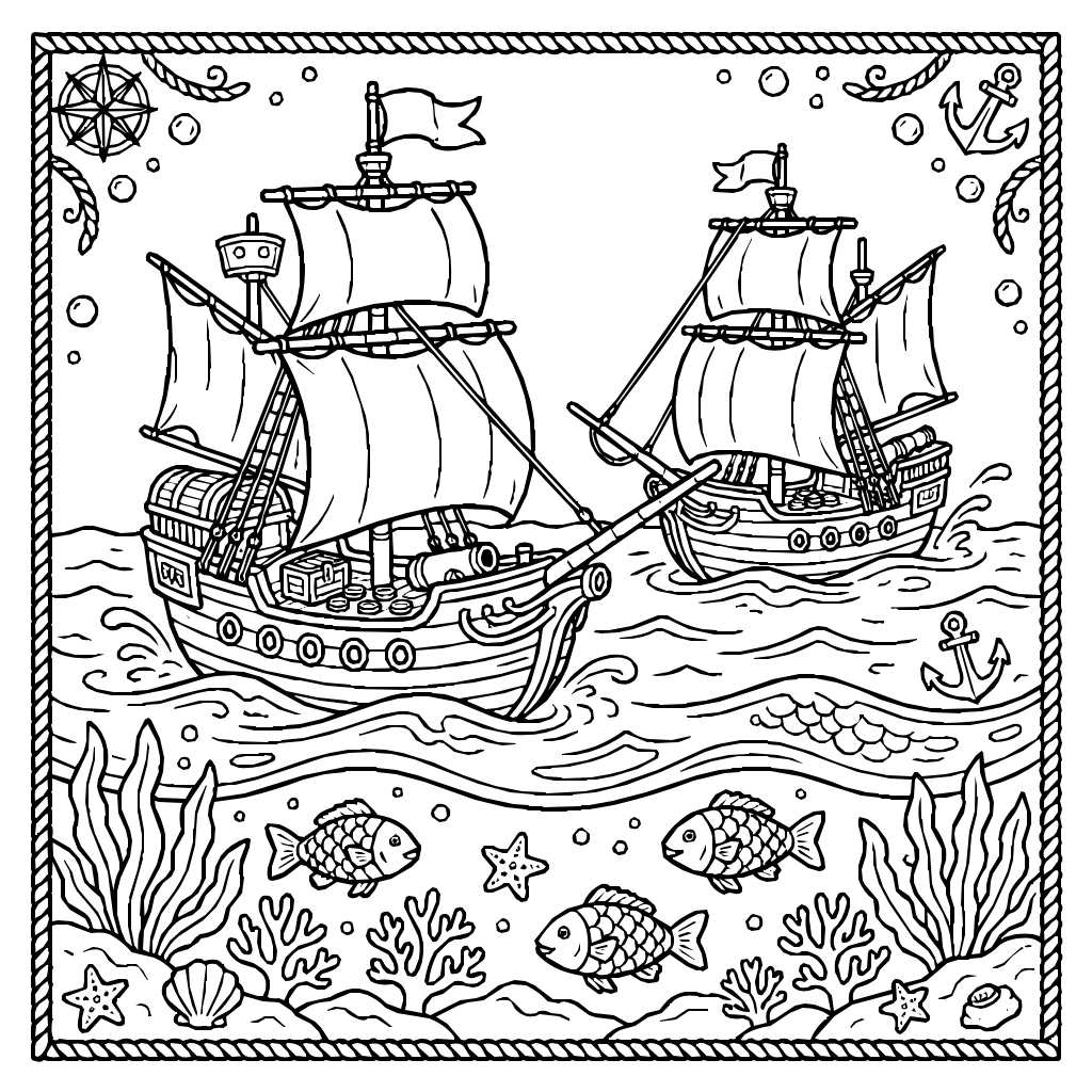 Pirate Ship Treasures Coloring Page