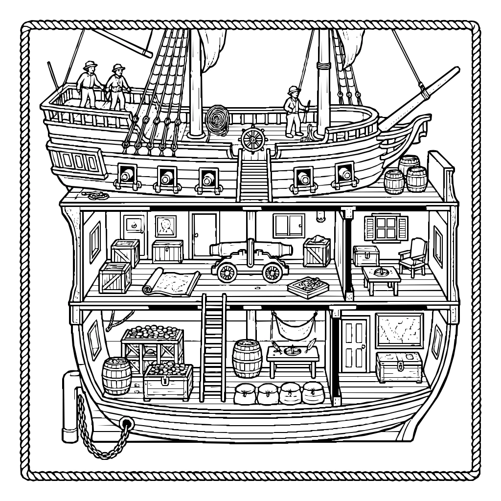 Pirate Ship With Decks Cannons Captain Cabin Coloring Page