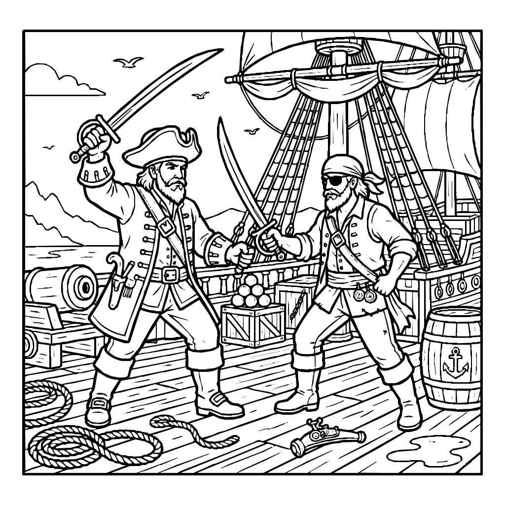 Pirate Sword Fight On Ship Deck Coloring Page