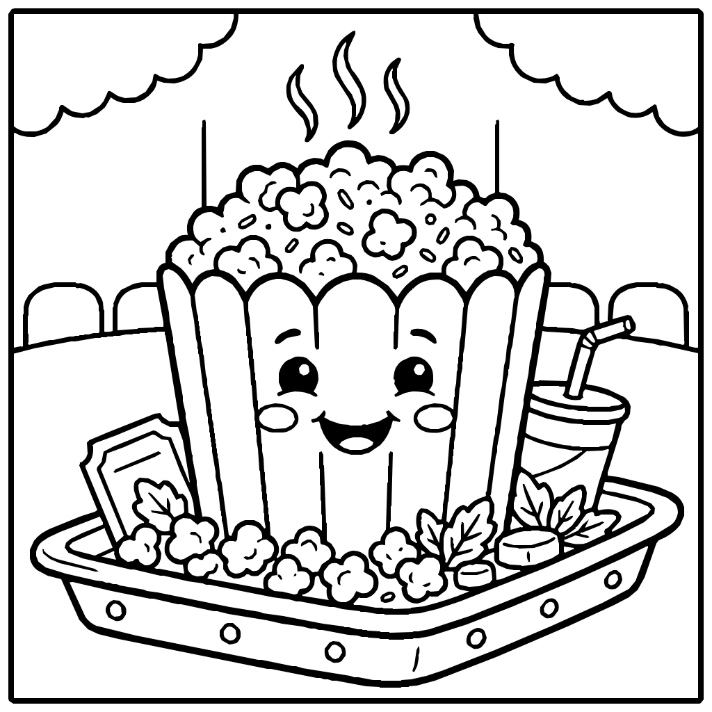 Popcorn Bucket Spilling Over At A Movie Theater  Coloring Page