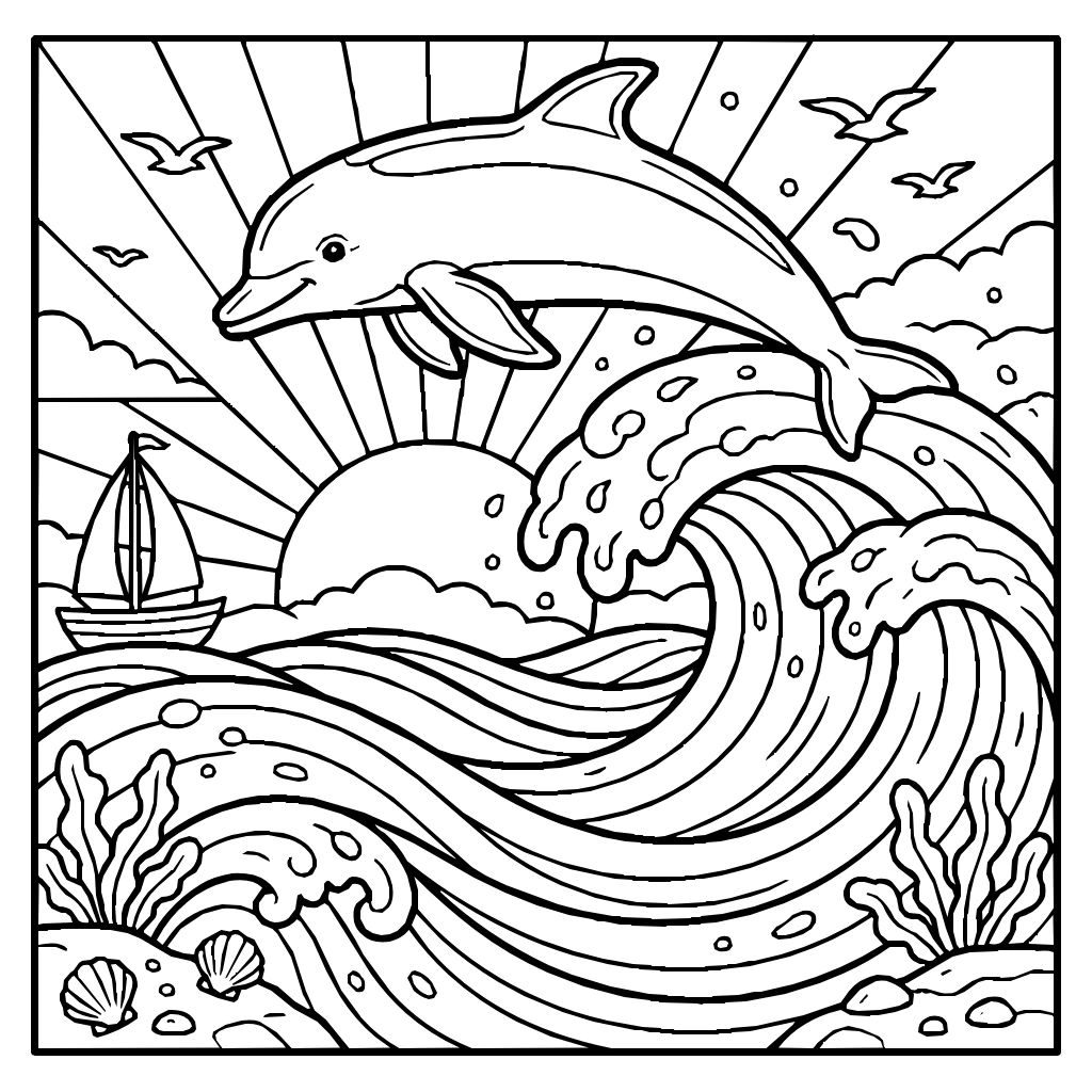 Porpoise Leaping Over Wave At Sunrise Coloring Page