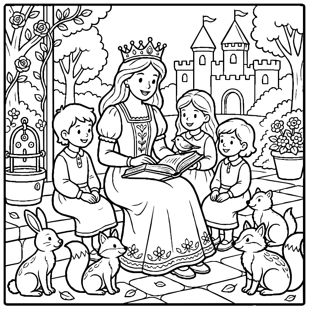 Princess Reading A Story To Children Coloring Page