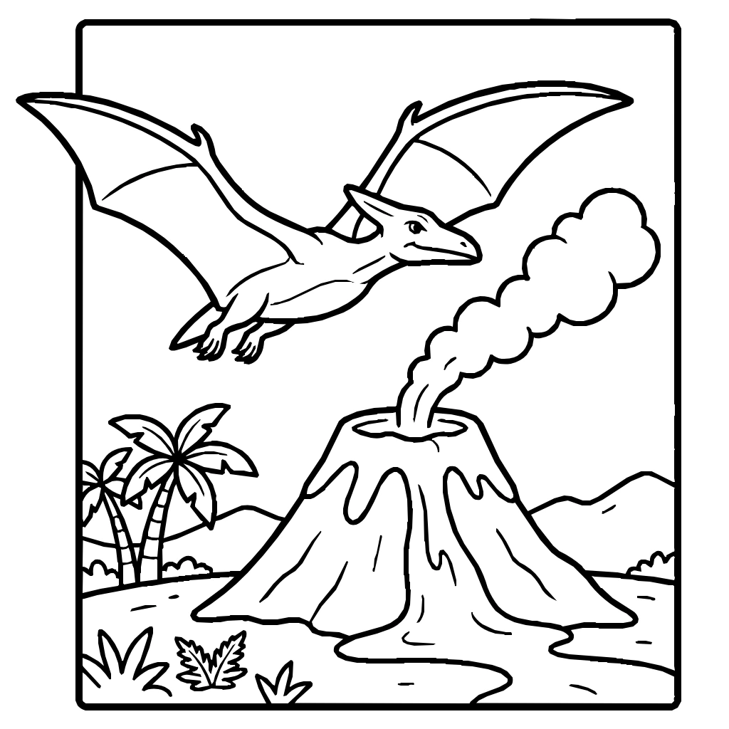Pterodactyl Flying Over A Volcano Coloring Page
