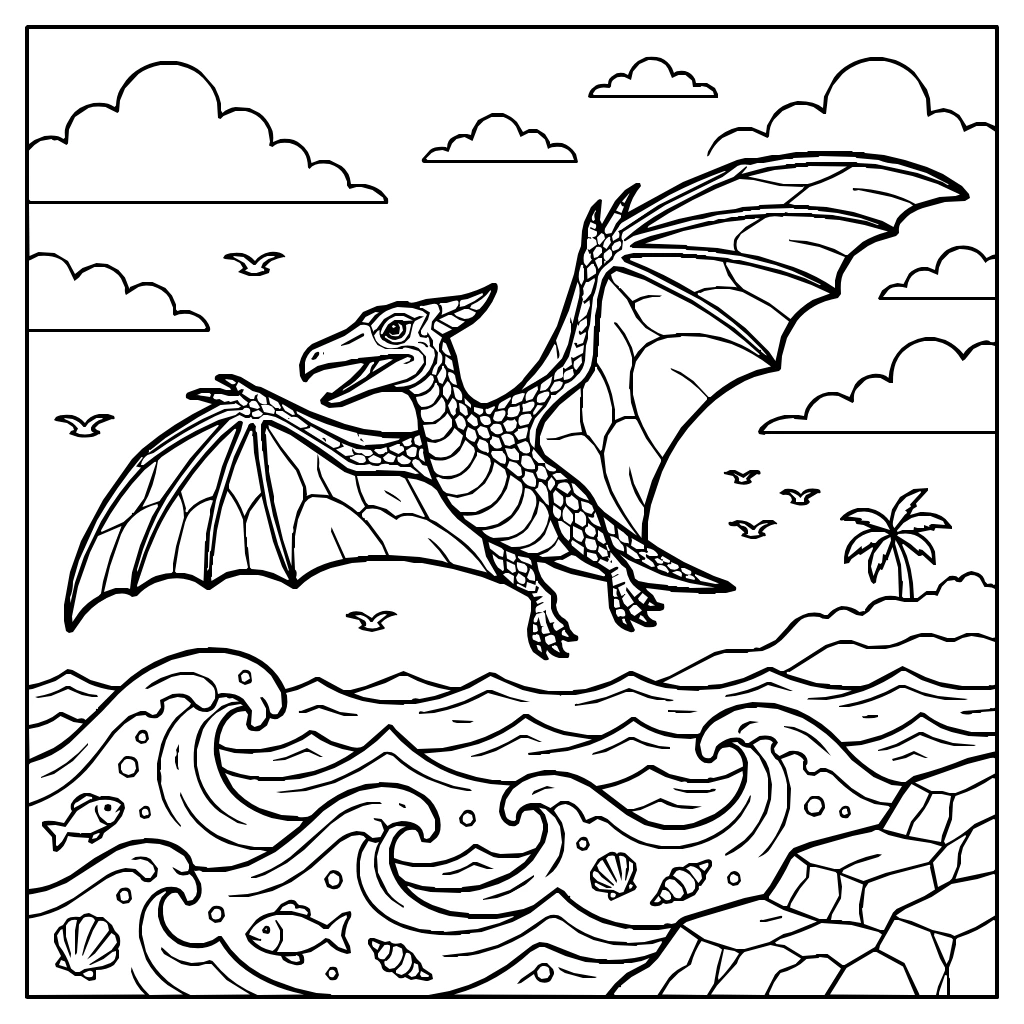Pterodactyl Flying Over Water Coloring Page