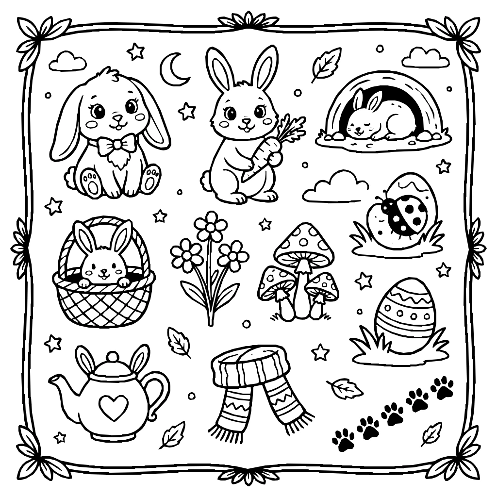 Rabbits And Bunnies Set Coloring Page