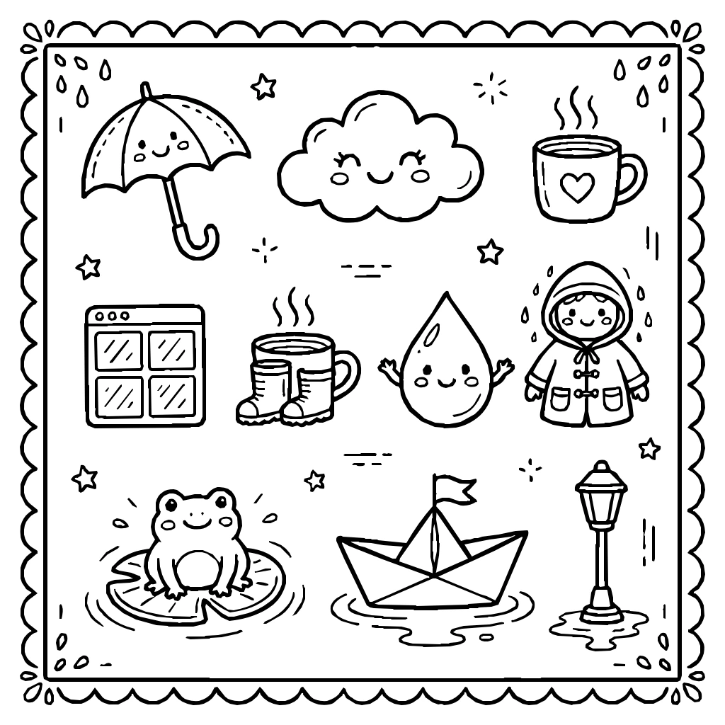 Rainy Day And Cloud Set Coloring Page
