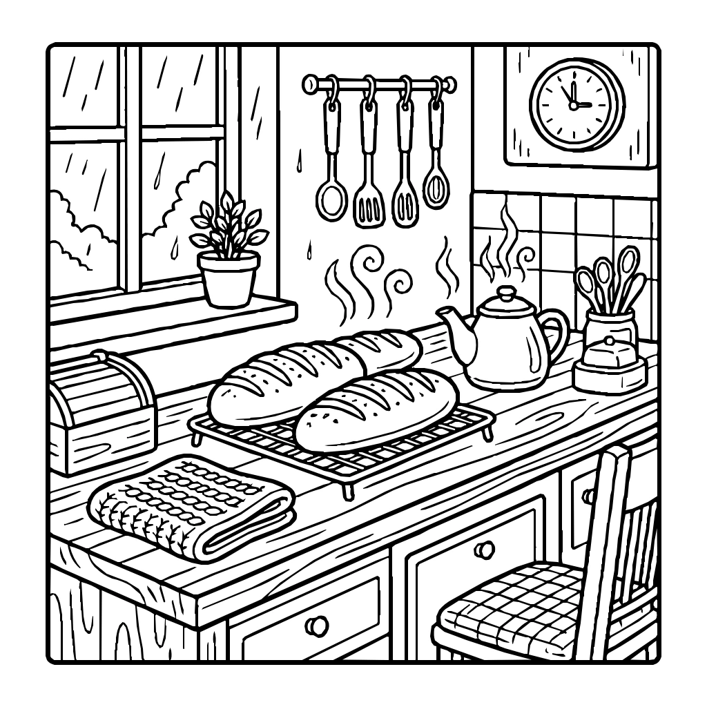 Rainy Day Kitchen With Fresh Bread Coloring Page