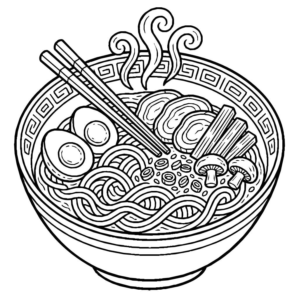 Ramen Bowl With Steam And Toppings Coloring Page
