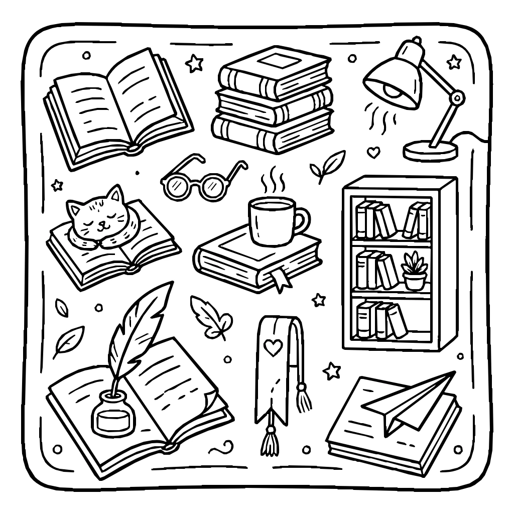 Reading And Books Set Coloring Page