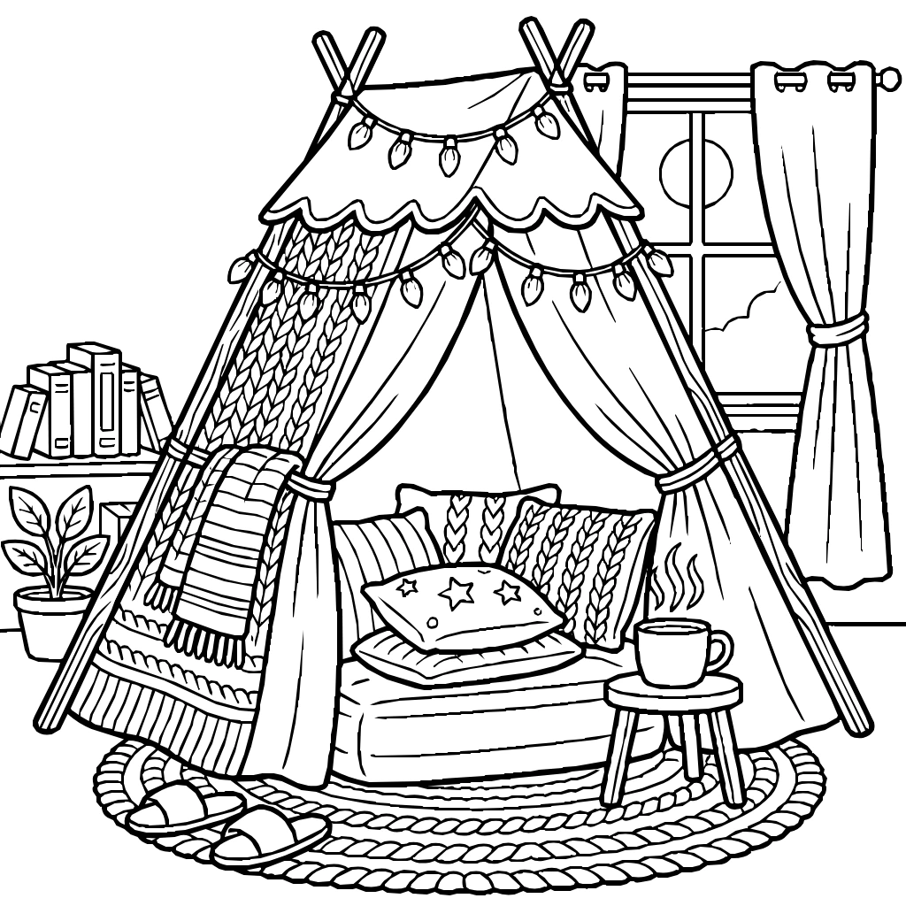 Reading Nook Tent With Fairy Lights And Stacked Pillows Coloring Page