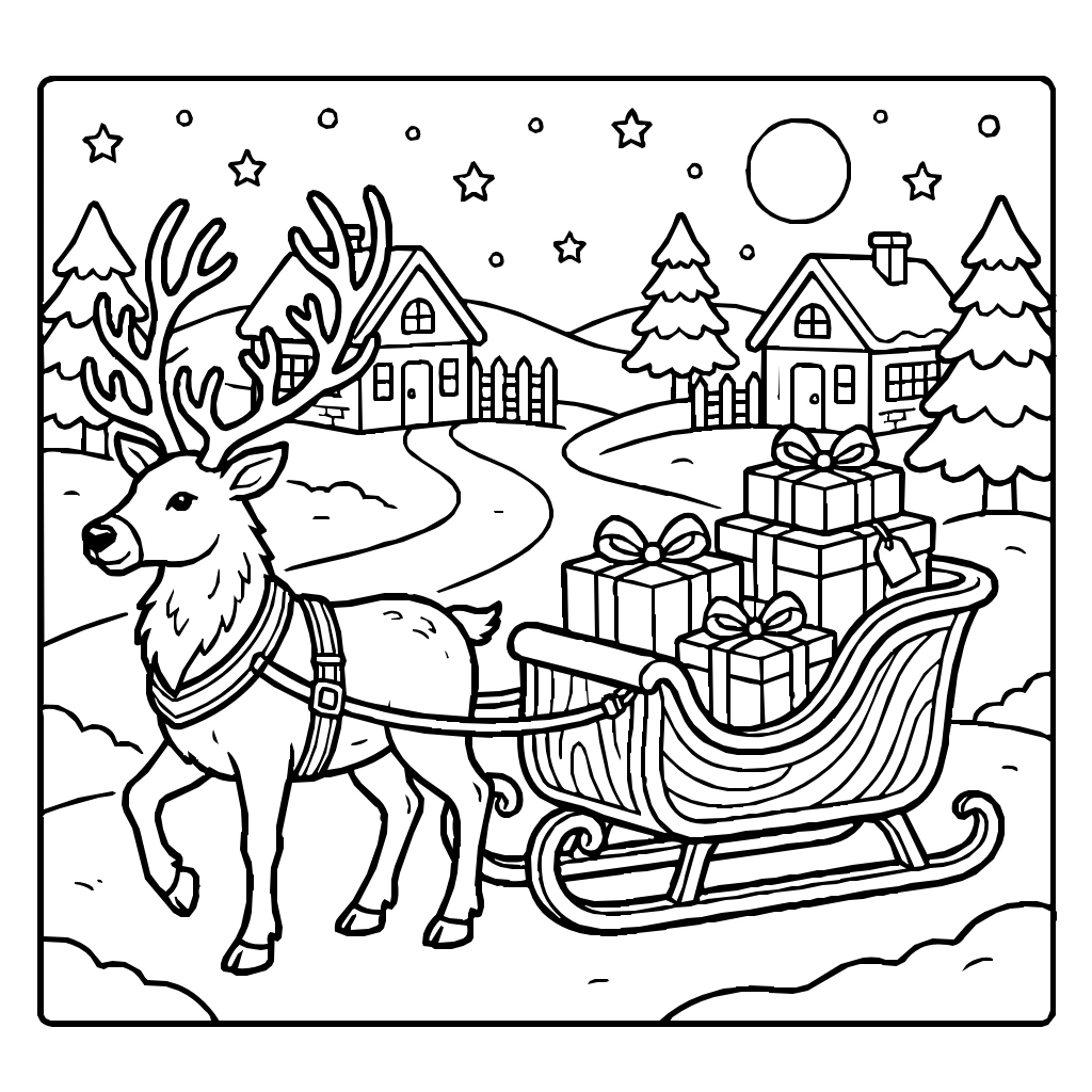 Reindeer Pulling A Sleigh Full Of Wrapped Coloring Page