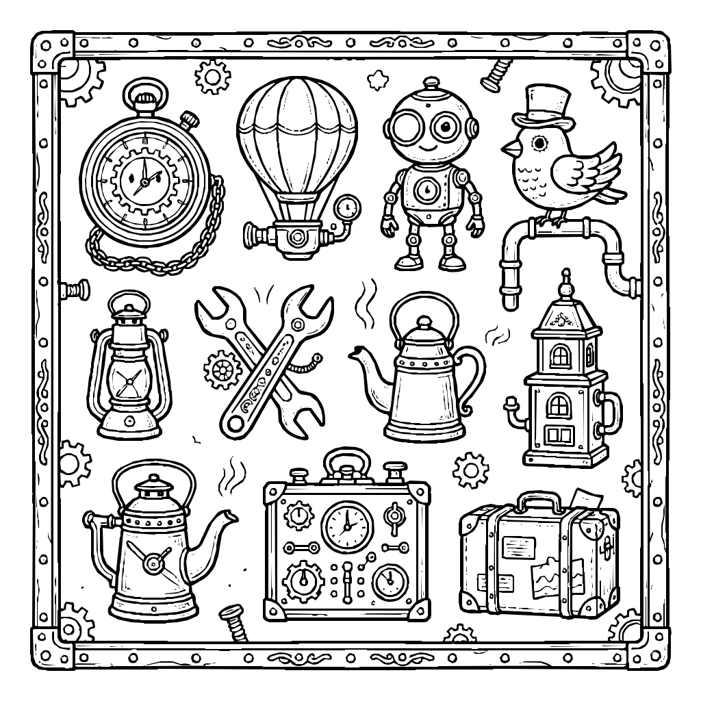 Retro Futurism Machine Set Coloring Page