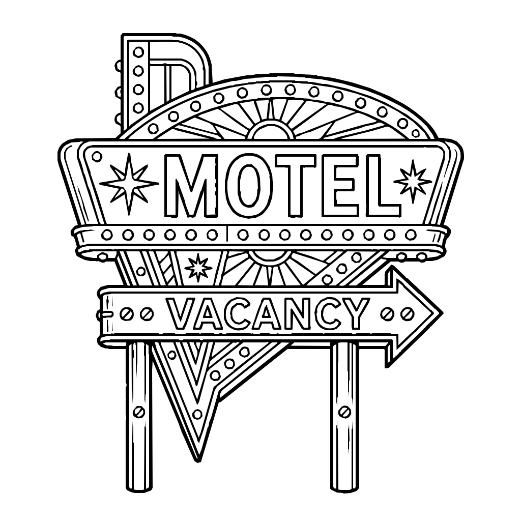 Retro Vintage Motel Neon Sign 50s Coloring Page