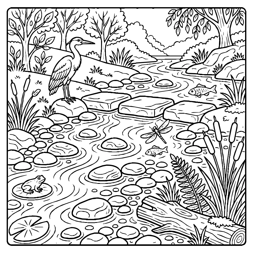 River With Frog Dragonfly Heron And Fish Coloring Page