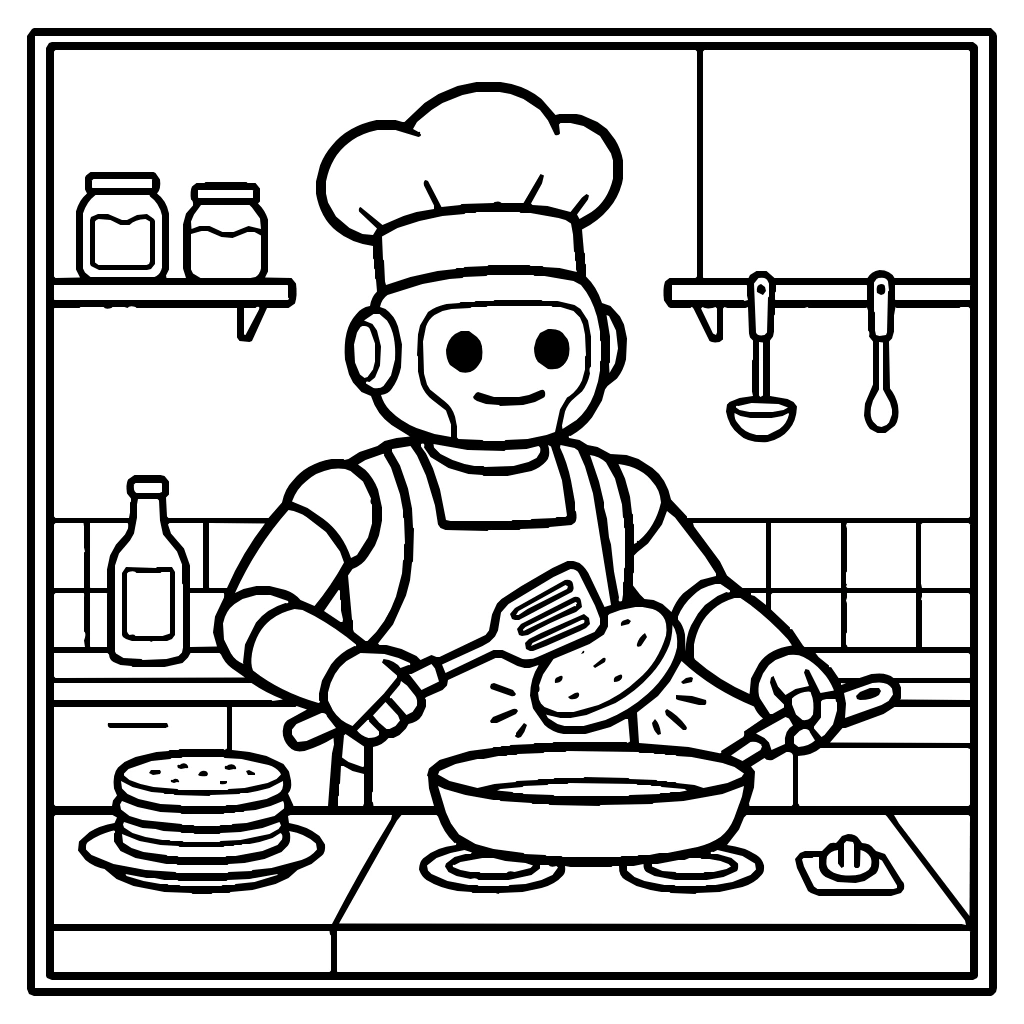 Robot Flipping Pancakes Coloring Page