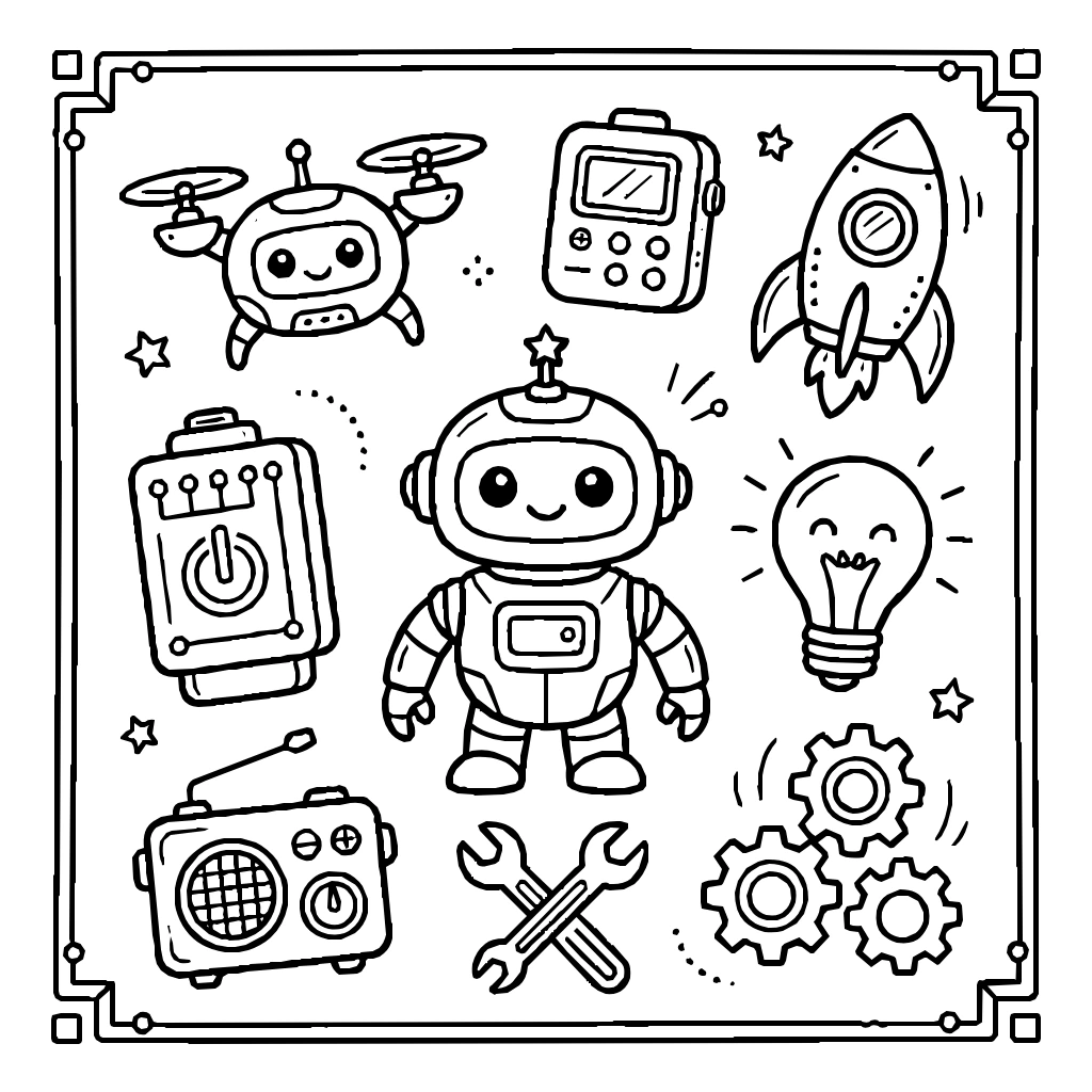 Robots And Gadgets Set Coloring Page