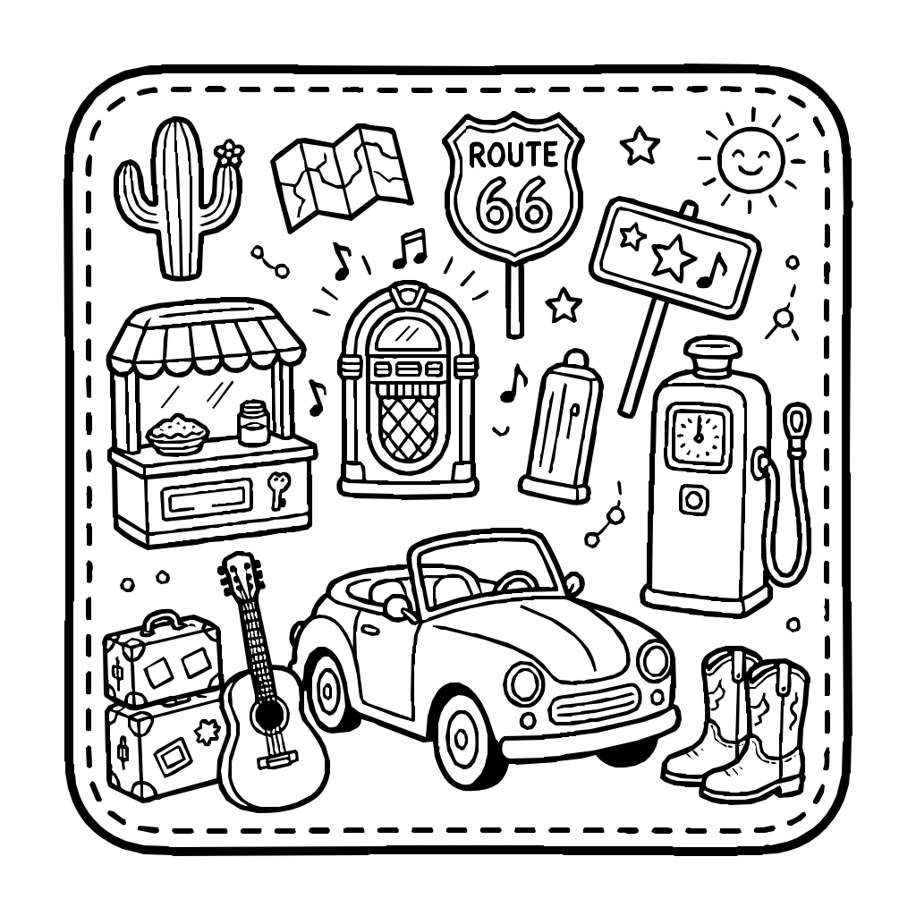 Route 66 Car Station Travel Coloring Page