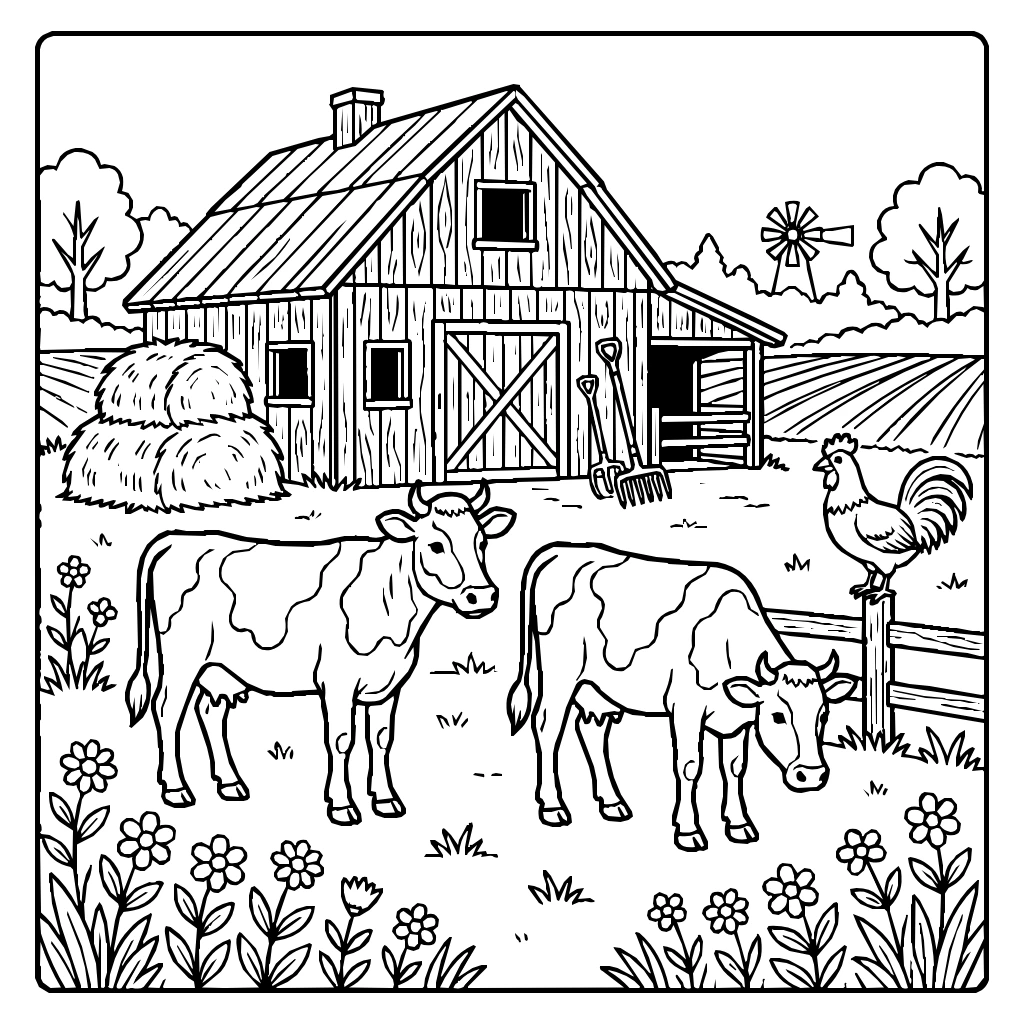 Rustic Farm With Barn Cows Rooster And Meadow Flowers Coloring Page