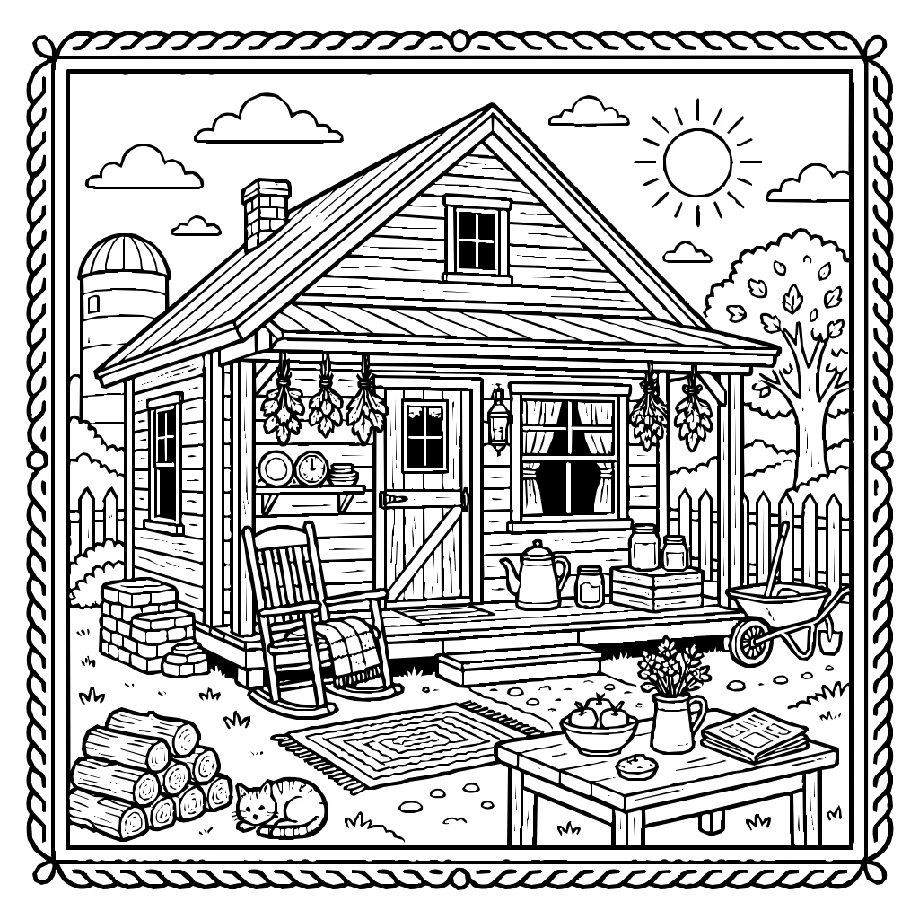 Rustic Homestead Coloring Page