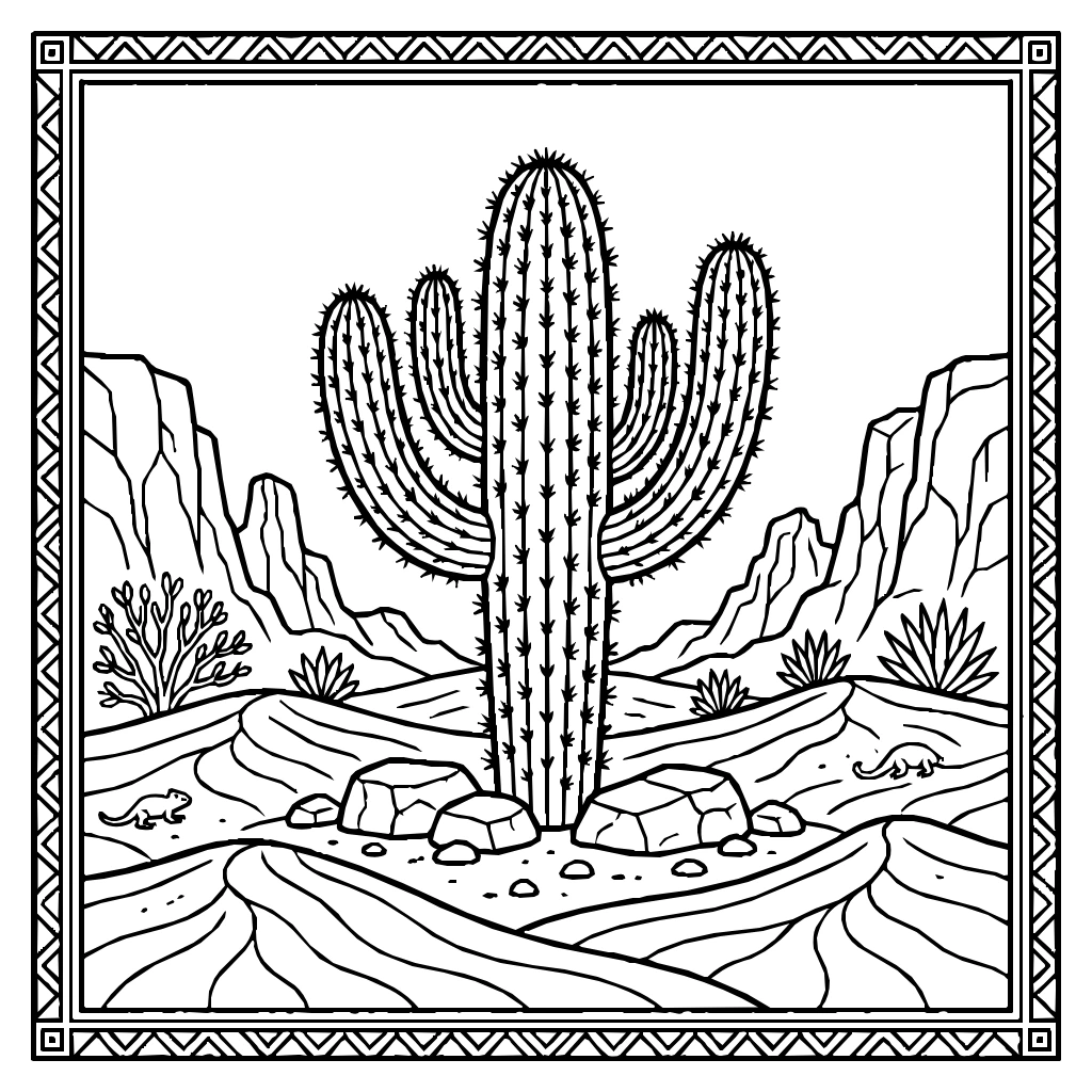 Saguaro Cactus In Desert Coloring Page