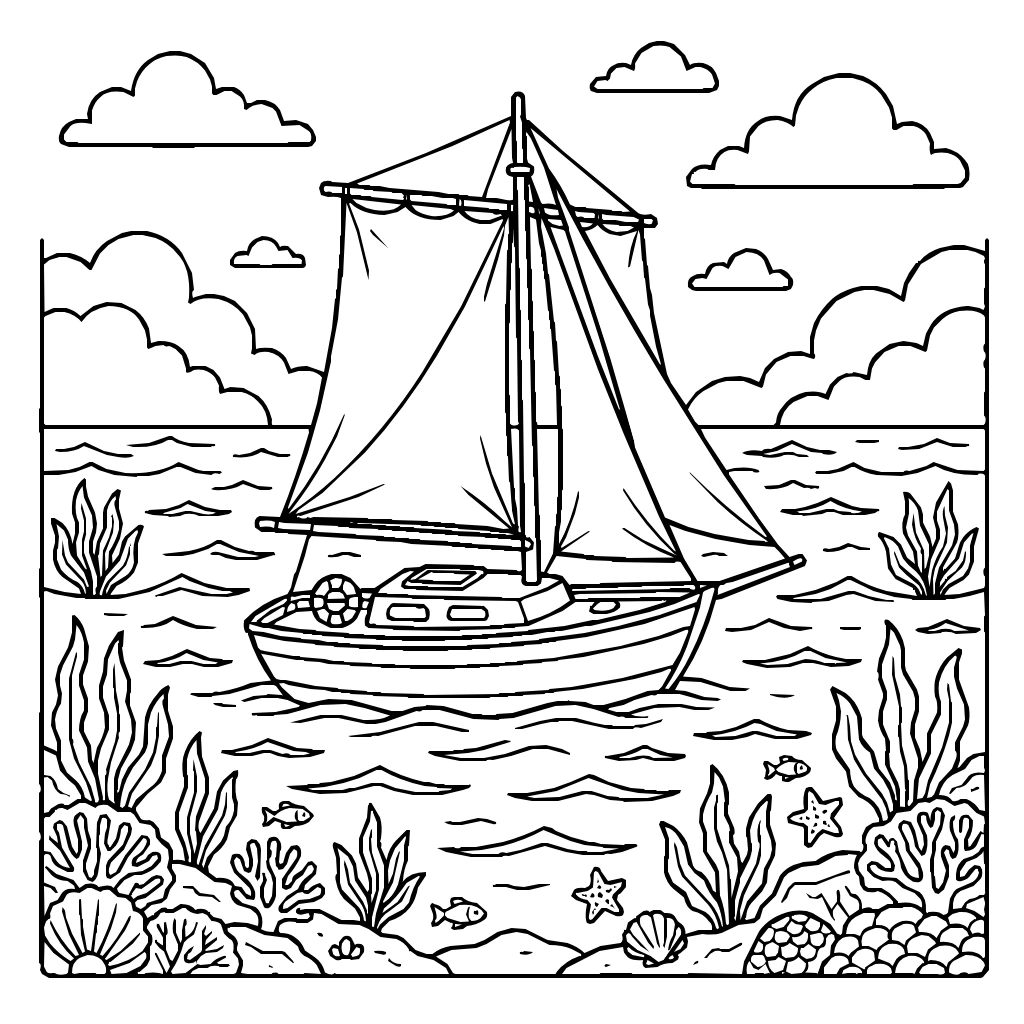 Sailboat Calm Ocean Horizon Coloring Page