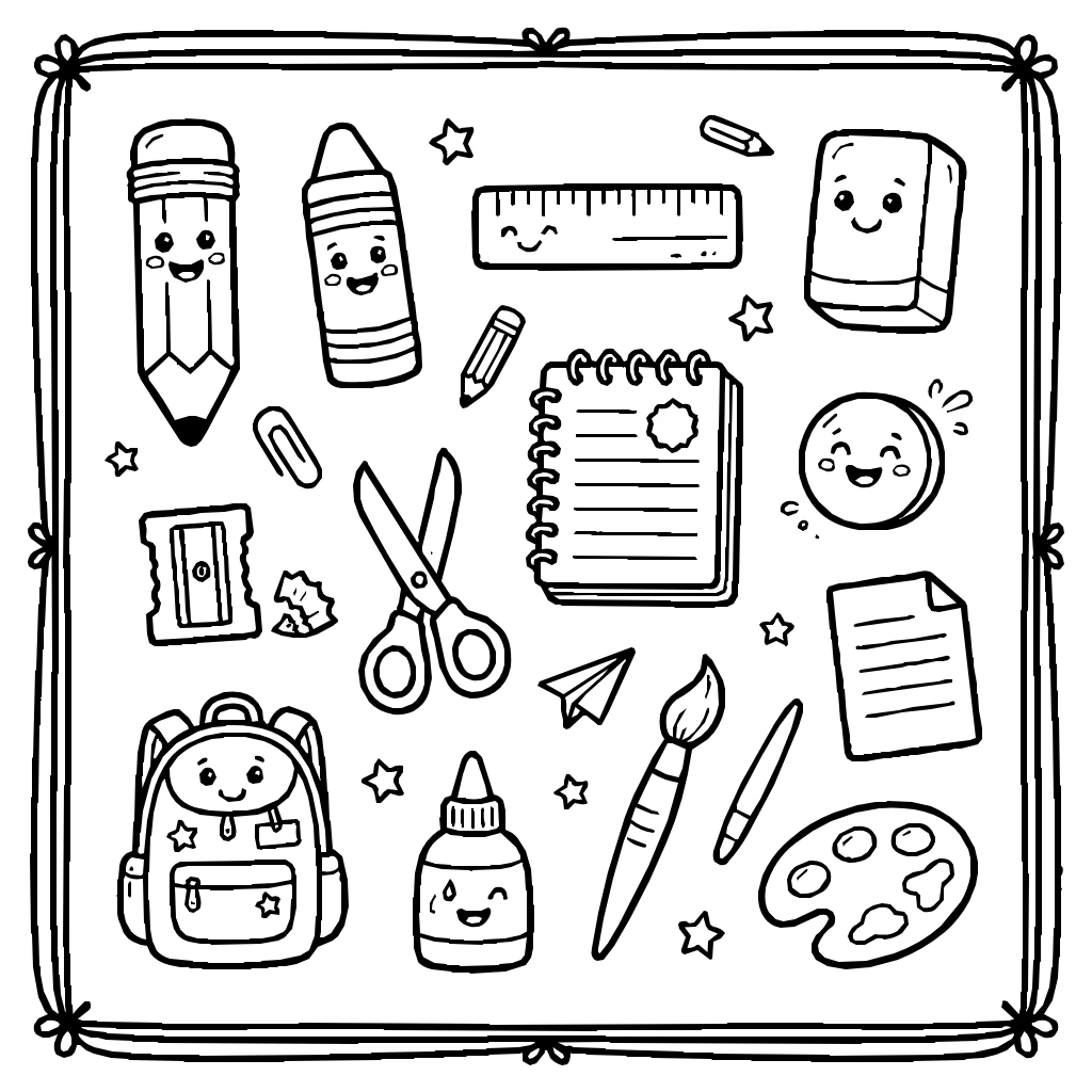 School Objects Collection Coloring Page
