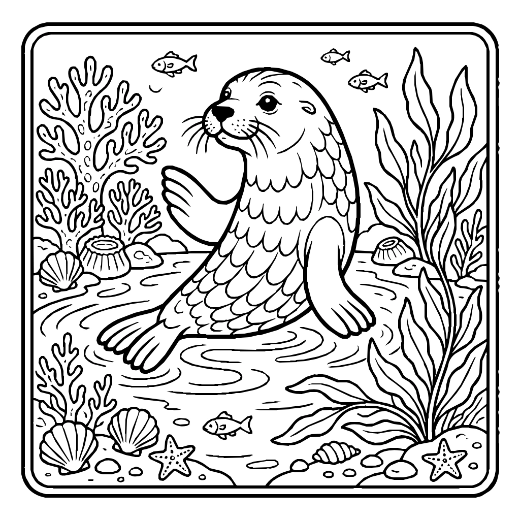 Sea Lion In Water With Coral Coloring Page