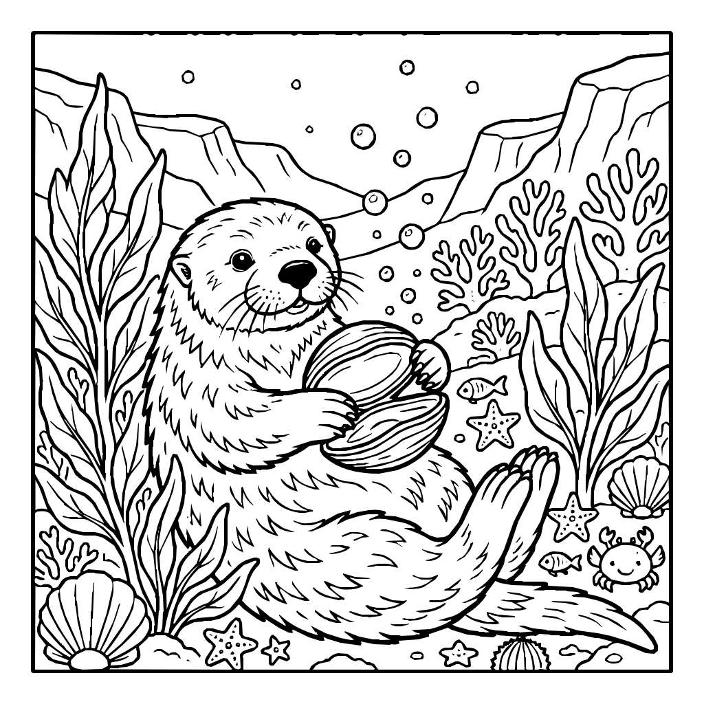 Sea Otter Cracking A Clam Coloring Page