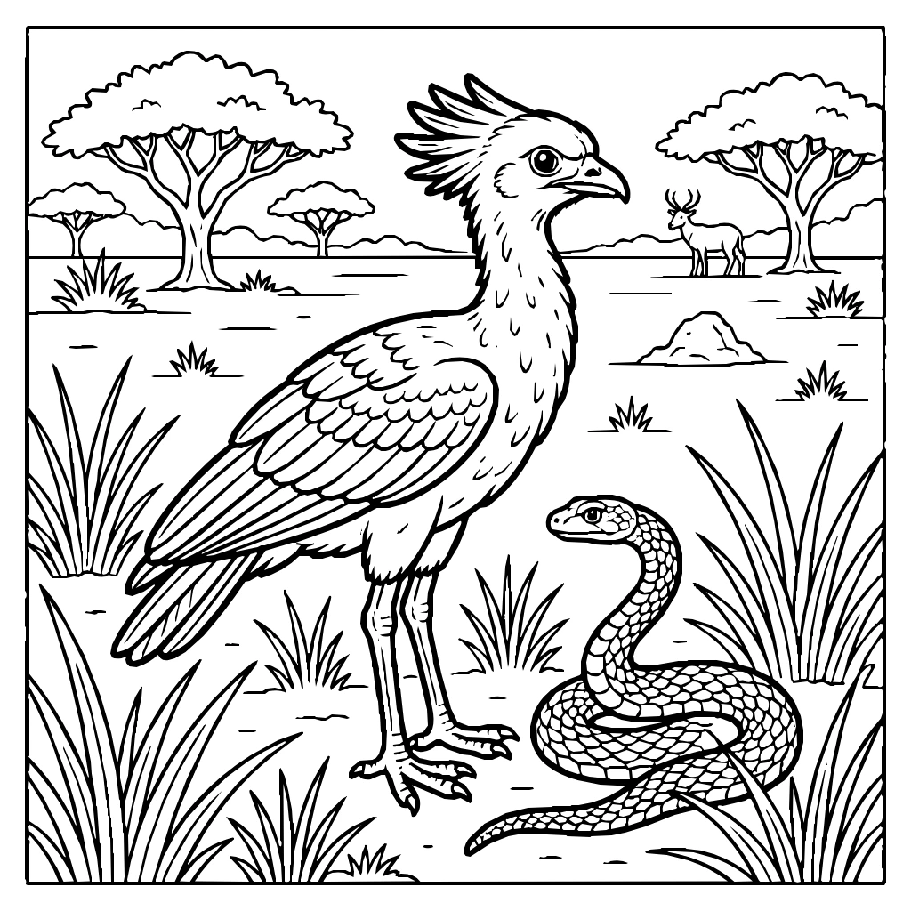 Secretary Bird Next To A Snake Coloring Page