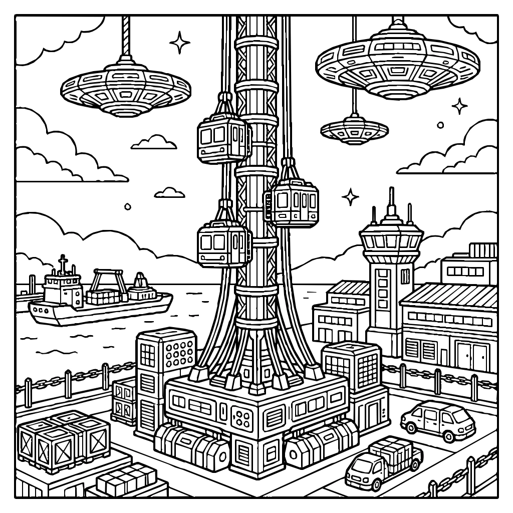 Space Elevator In Harbor Coloring Page