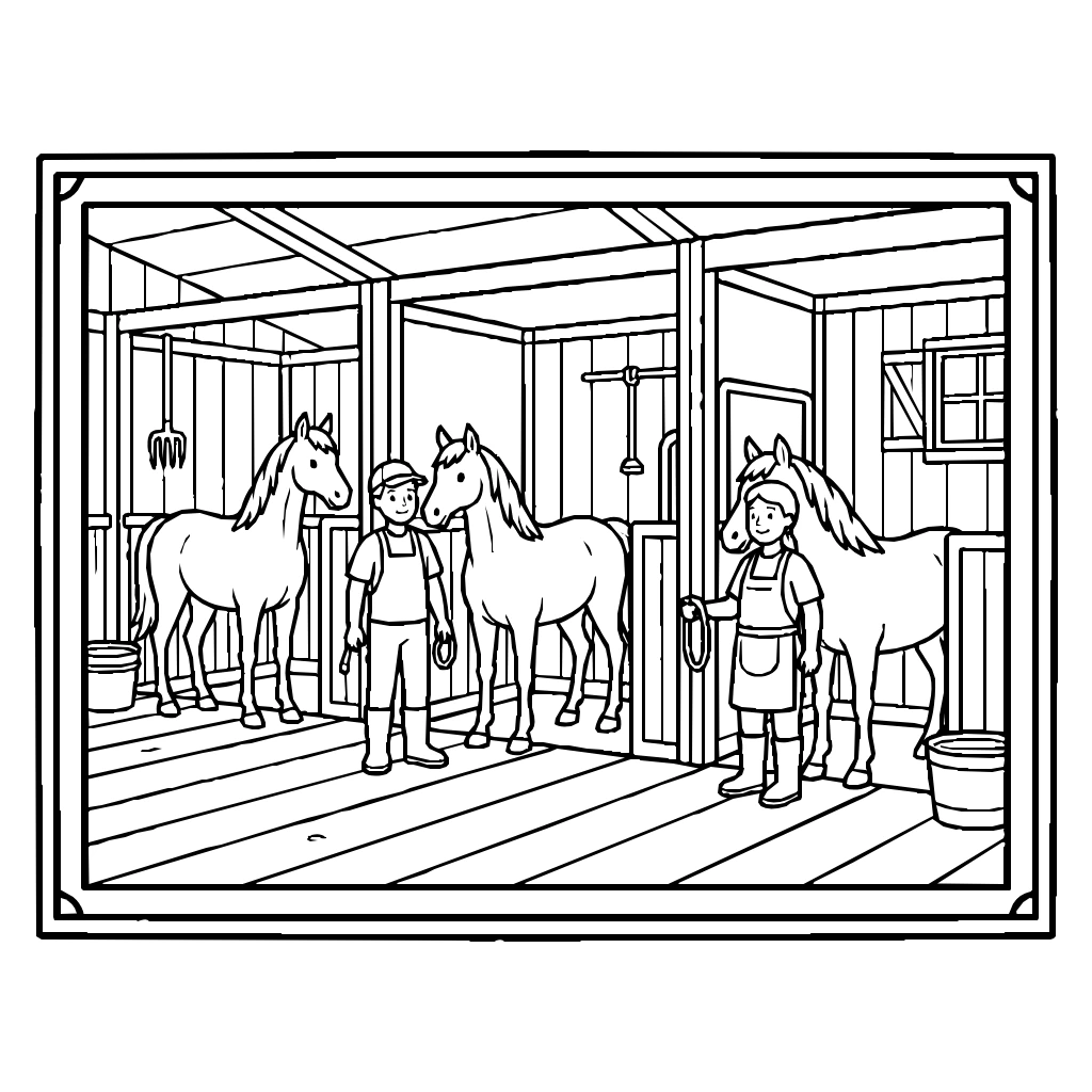 Stable With Horses Coloring Page